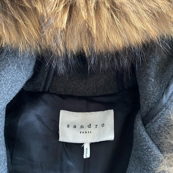 Sandro Manoli Fur Trim Leather Panel Wool Coat Gray - Picture 5 of 11